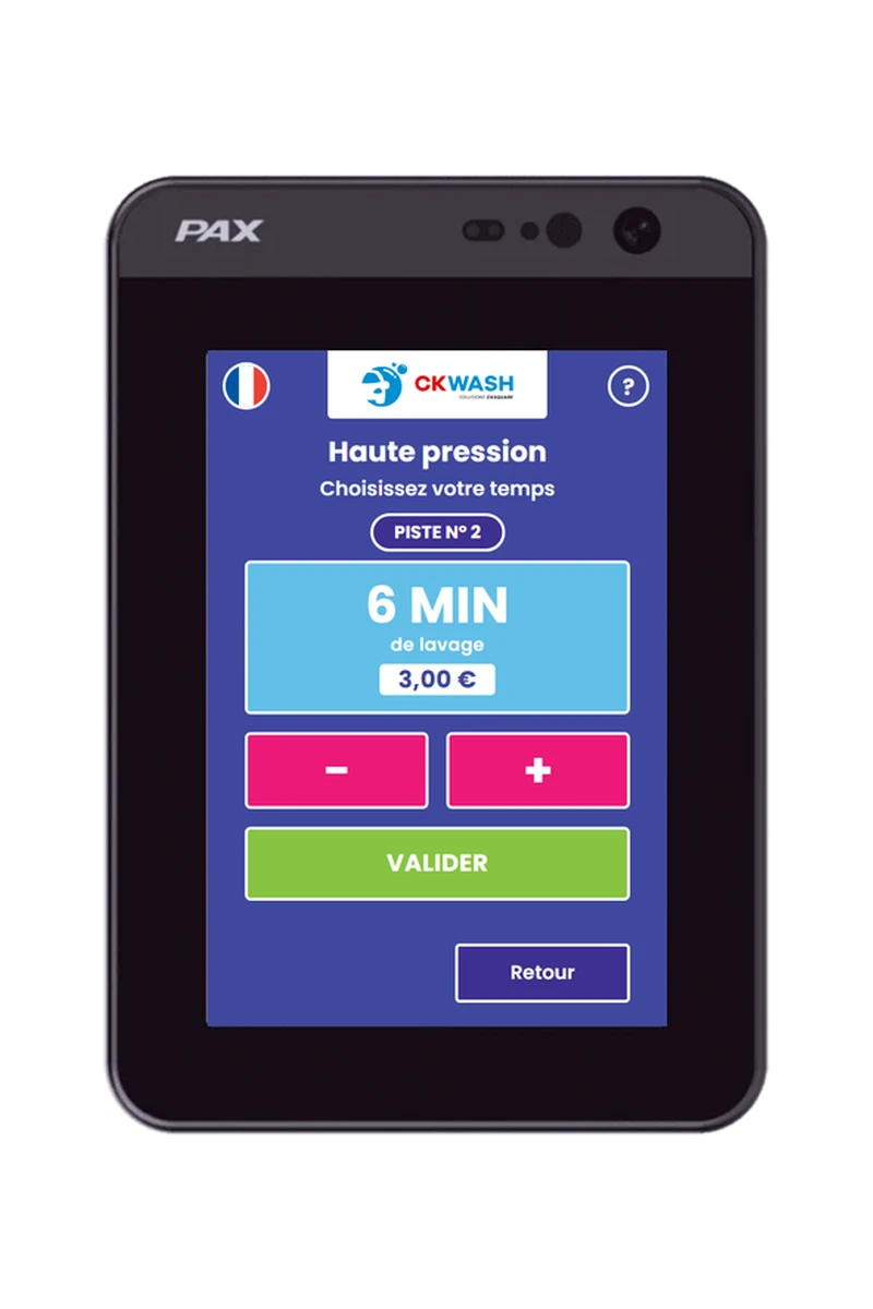 Terminal CB sans contact PAX IM25 avec application CKWASH, mode mono machine sur piste haute pression